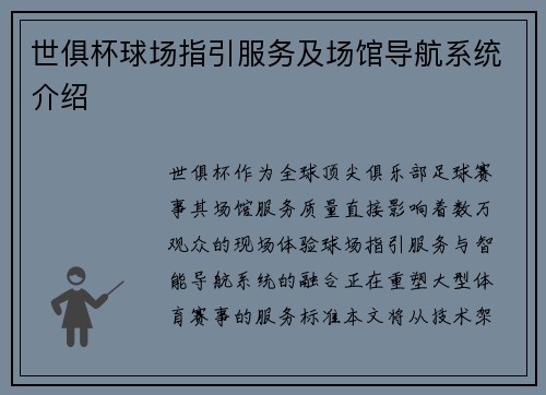 世俱杯球场指引服务及场馆导航系统介绍