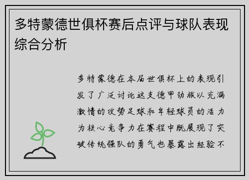 多特蒙德世俱杯赛后点评与球队表现综合分析