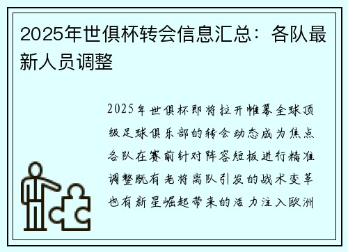 2025年世俱杯转会信息汇总：各队最新人员调整