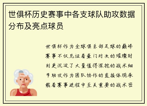 世俱杯历史赛事中各支球队助攻数据分布及亮点球员